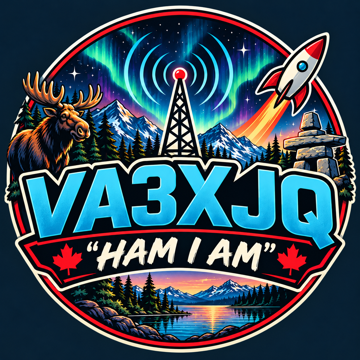 VA3XJQ badge with aurora, radio tower, rocket, moose, mountains, and maple leaves